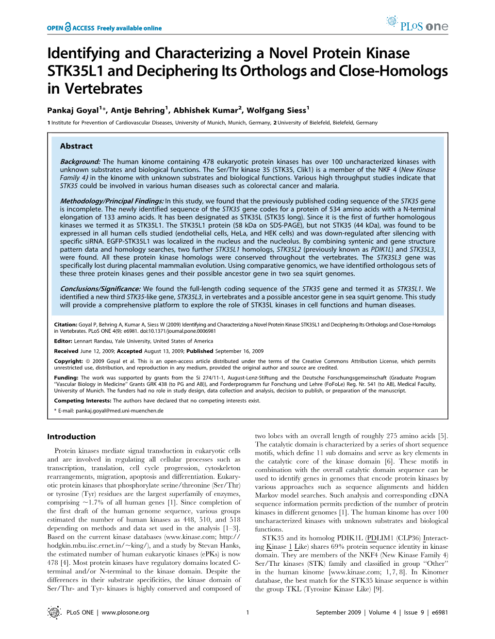 Identifying and Characterizing a Novel Protein Kinase STK35L1 and Deciphering Its Orthologs and Close-Homologs in Vertebrates