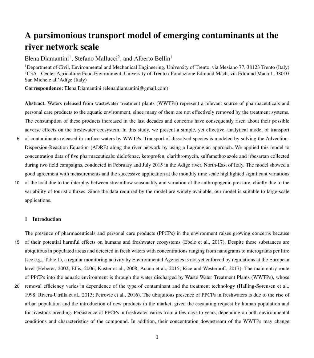 A Parsimonious Transport Model of Emerging Contaminants