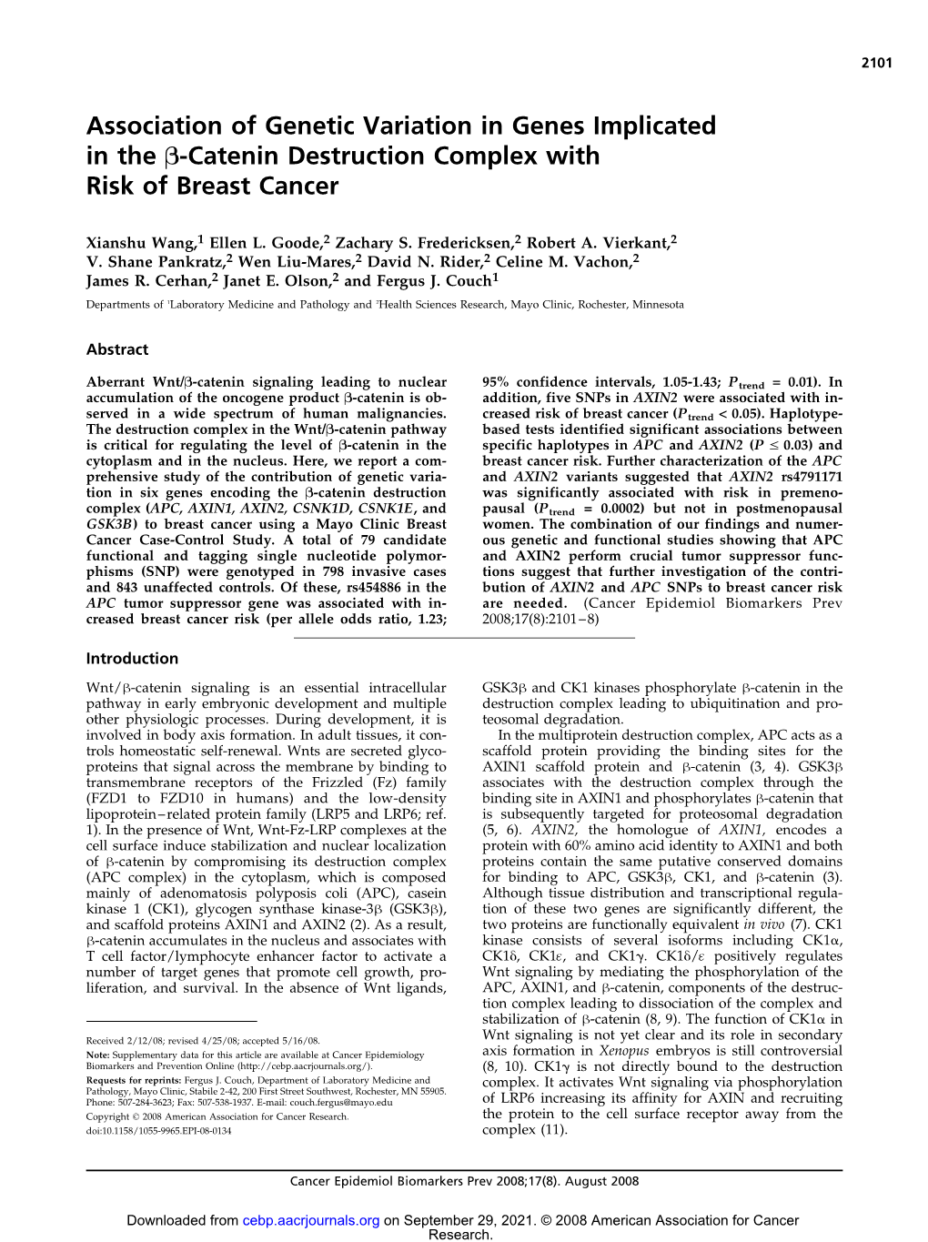 Association of Genetic Variation in Genes Implicated in the B-Catenin Destruction Complex with Risk of Breast Cancer