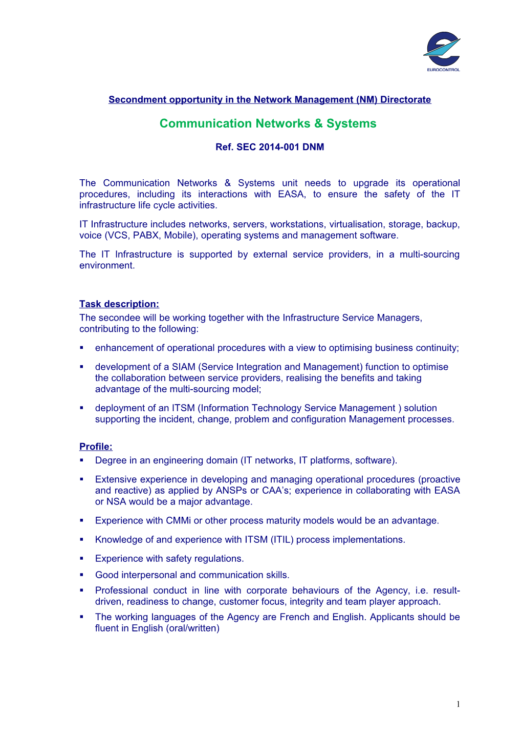 Secondment Opportunity in the Network Management (NM) Directorate