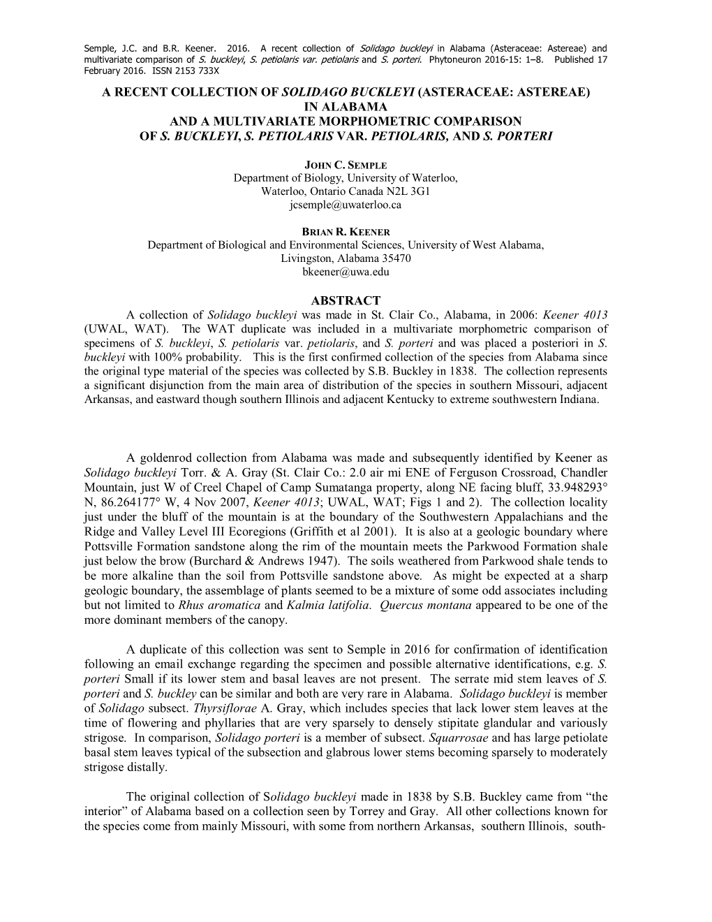 A Recent Collection of Solidago Buckleyi in Alabama (Asteraceae: Astereae) and Multivariate Comparison of S