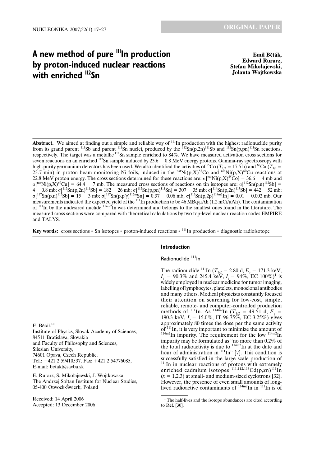 A New Method of Pure 111In Production by Proton-Induced Nuclear Reactions with Enriched 112Sn 19 Consequently with Low Activity)