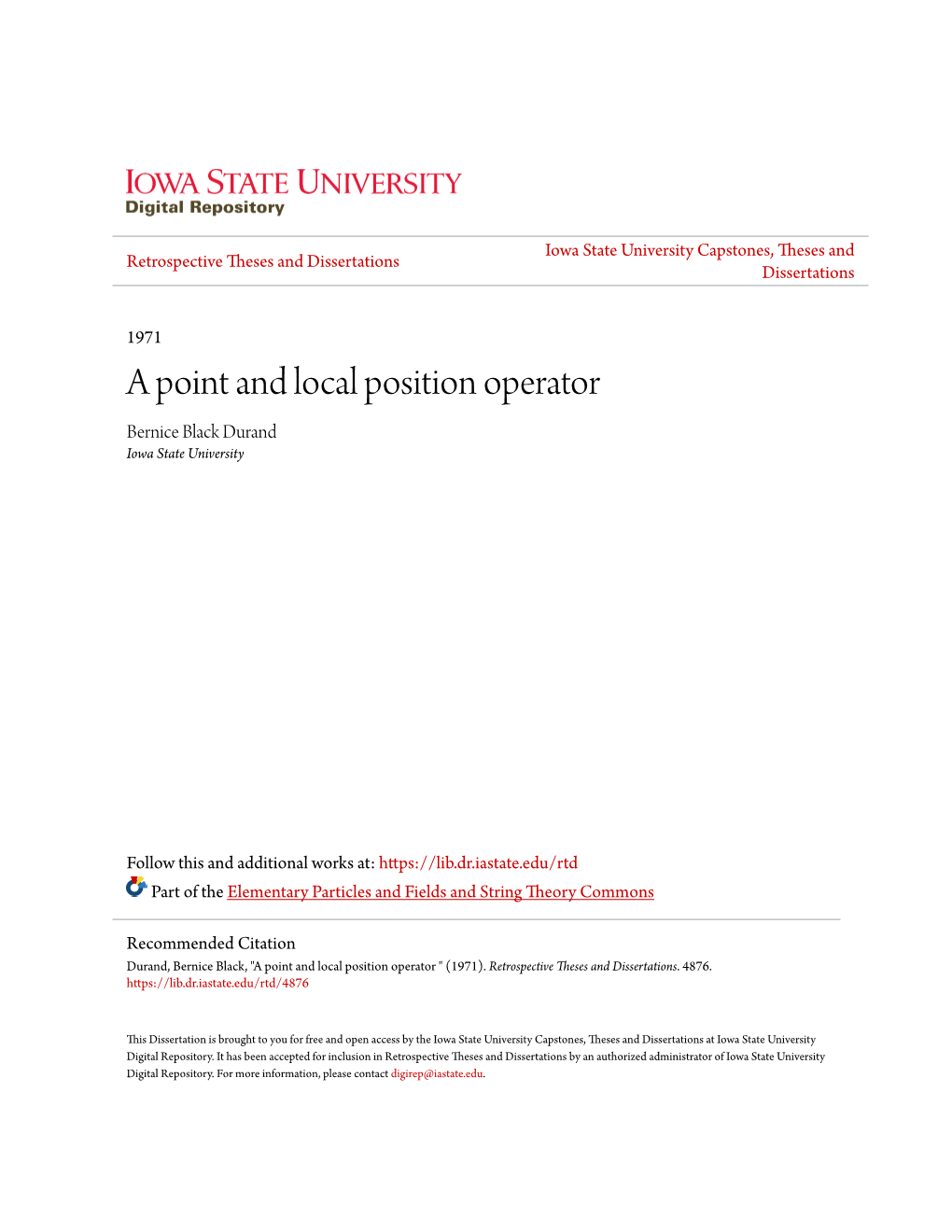 A Point and Local Position Operator Bernice Black Durand Iowa State University