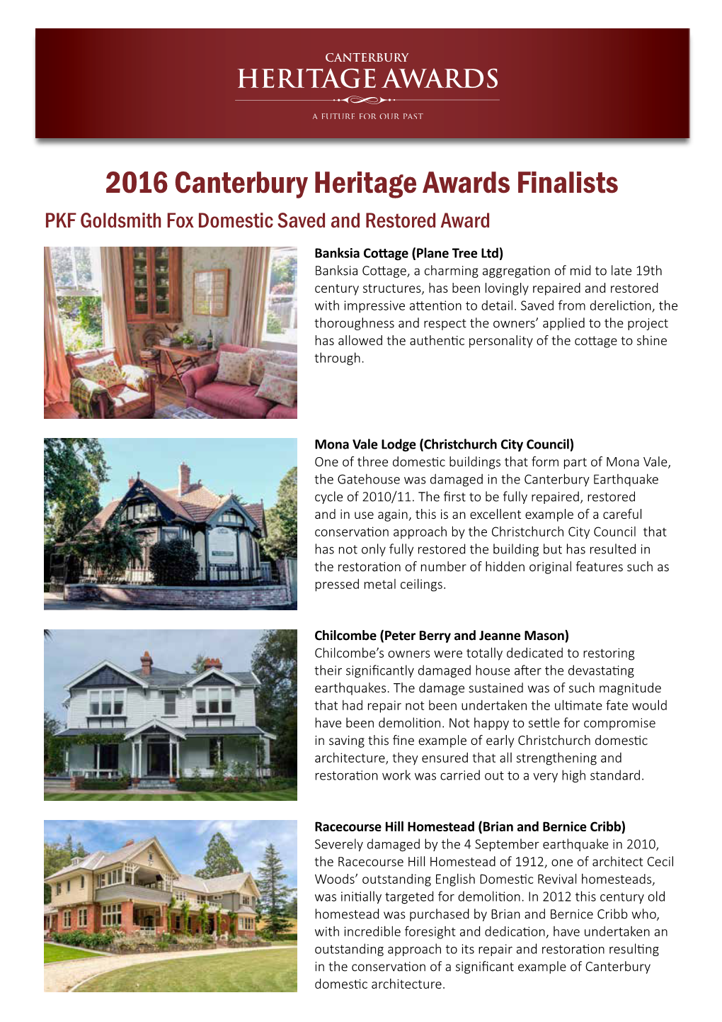 2016 Canterbury Heritage Awards Finalists