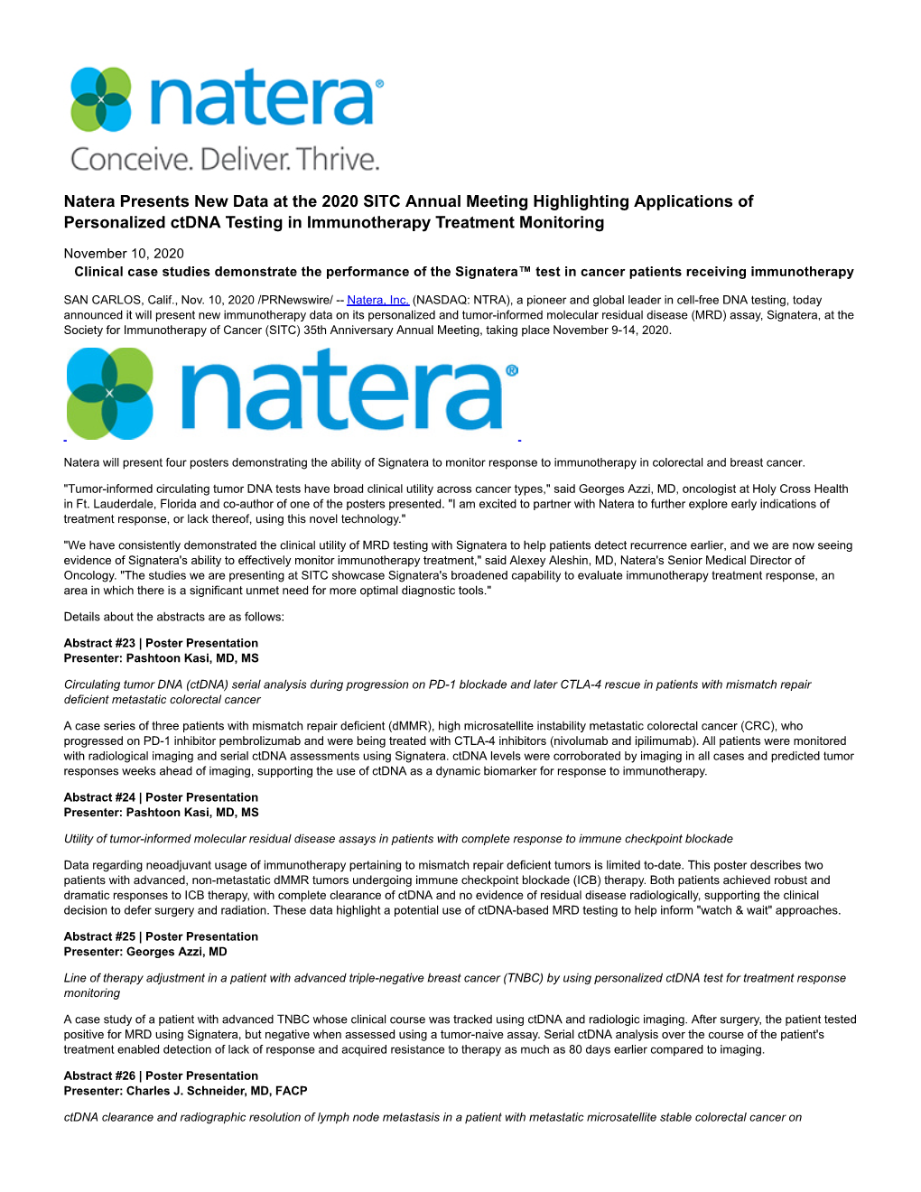 Natera Presents New Data at the 2020 SITC Annual Meeting Highlighting Applications of Personalized Ctdna Testing in Immunotherapy Treatment Monitoring