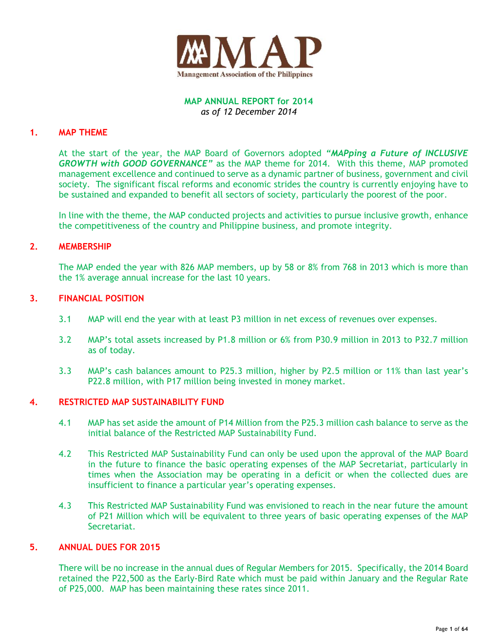 MAP ANNUAL REPORT for 2014 As of 12 December 2014