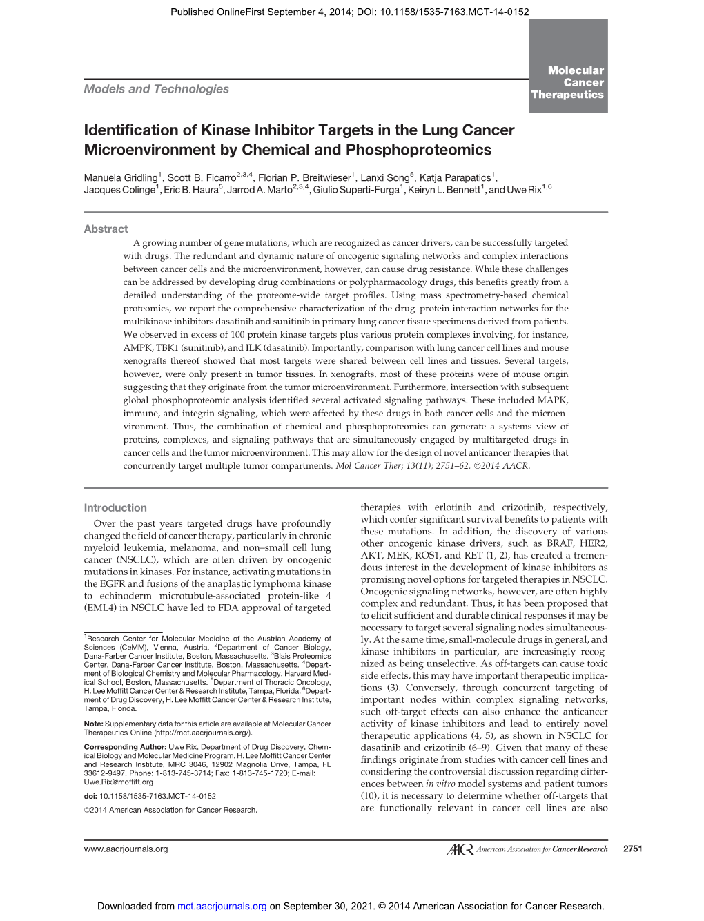 Identification of Kinase Inhibitor Targets in the Lung Cancer Microenvironment by Chemical and Phosphoproteomics