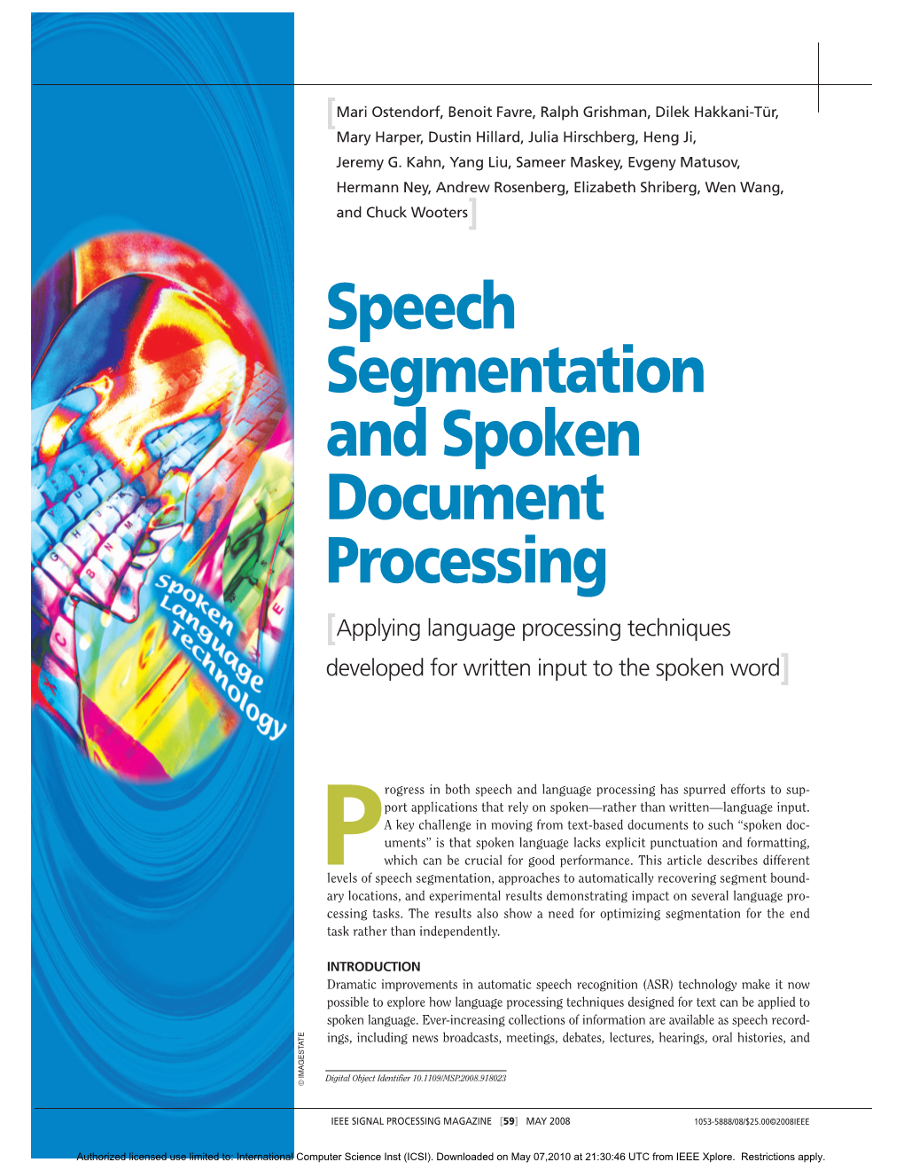 Speech Segmentation and Spoken Document Processing