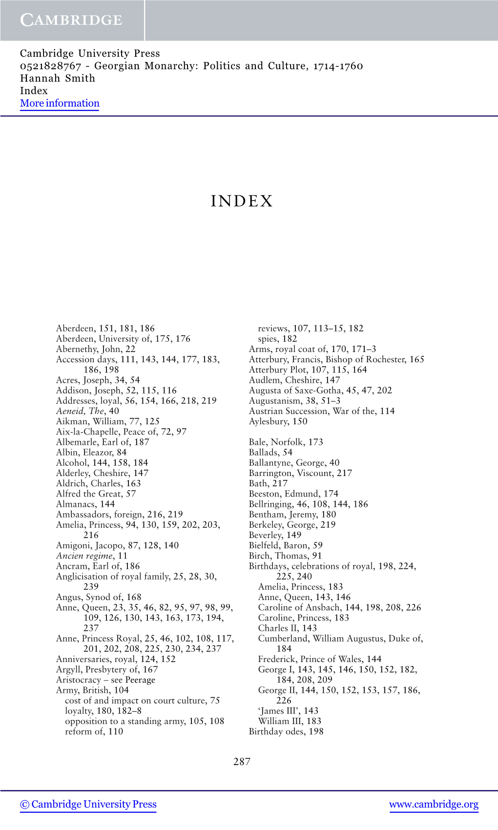 Georgian Monarchy: Politics and Culture, 1714-1760 Hannah Smith Index More Information