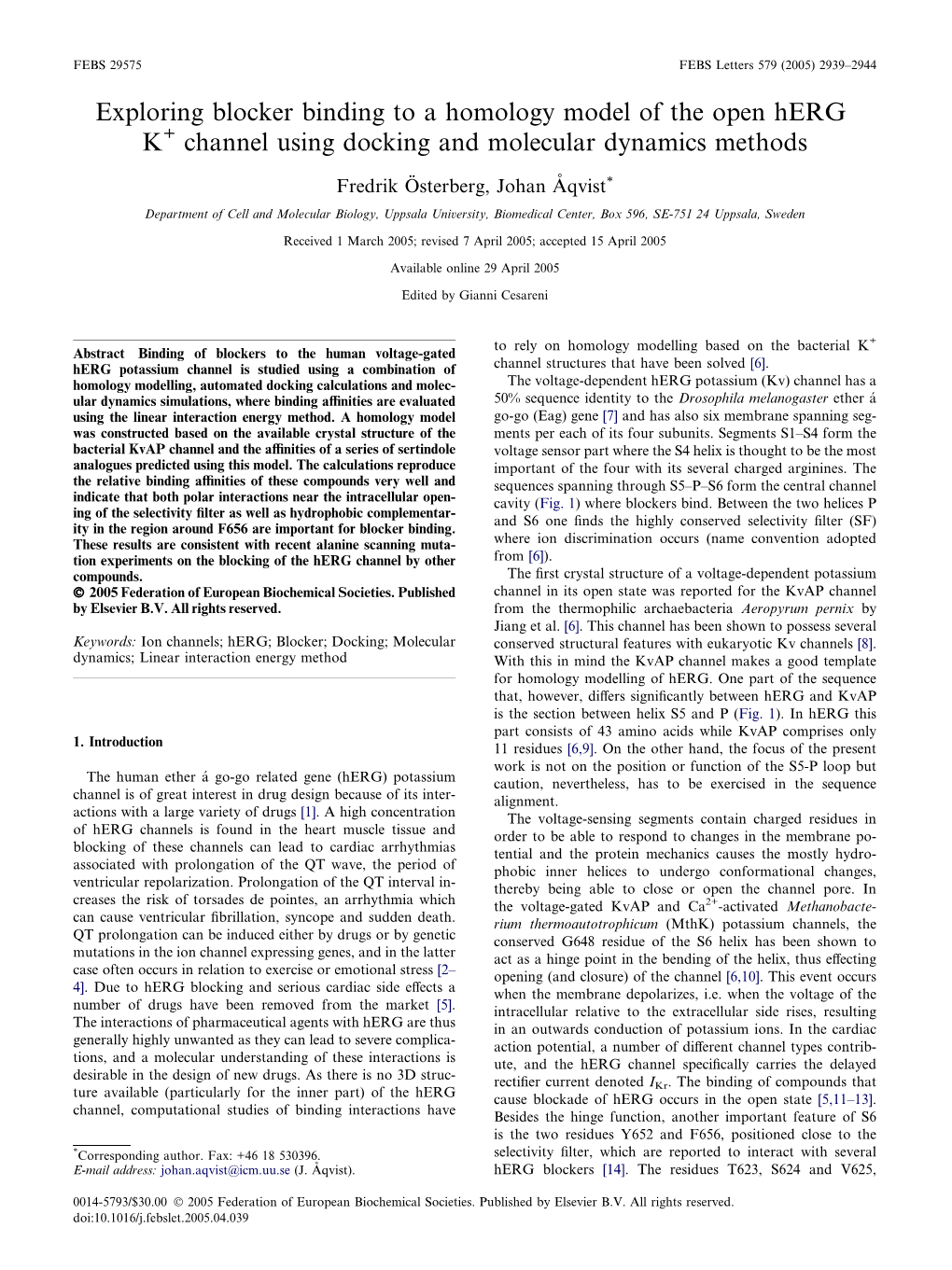 Exploring Blocker Binding to a Homology Model of the Open Herg K+ Channel Using Docking and Molecular Dynamics Methods