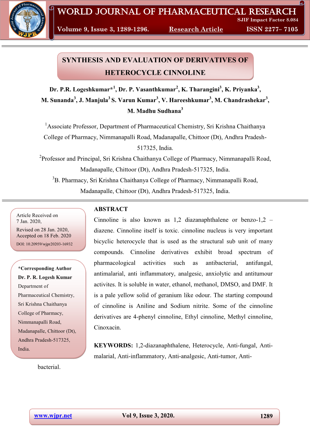 World Journal of Pharmaceutical Research SJIF Impact Factor 8.084 Logeshkumar Et Al