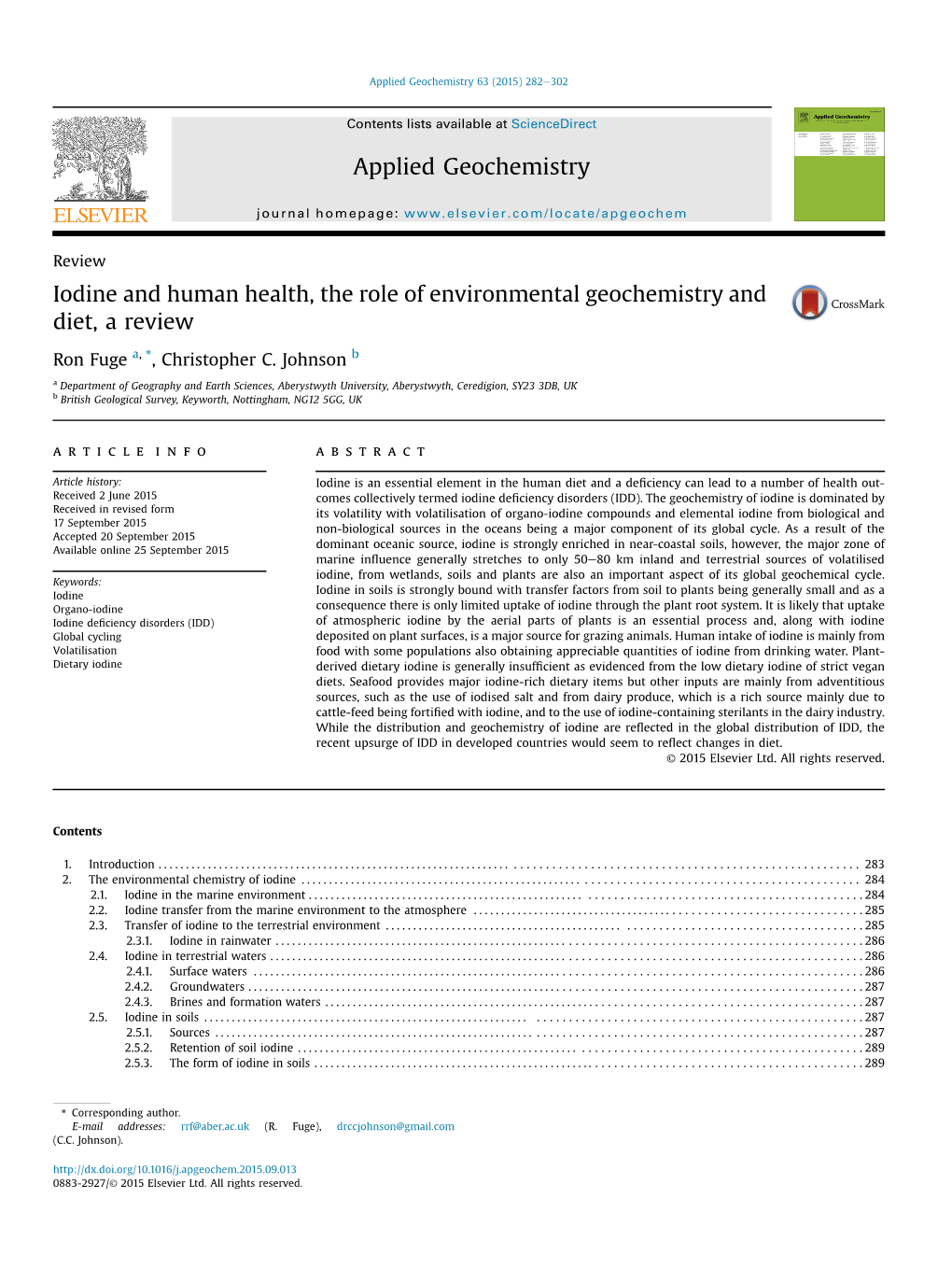 Iodine and Human Health, the Role of Environmental Geochemistry and Diet, a Review