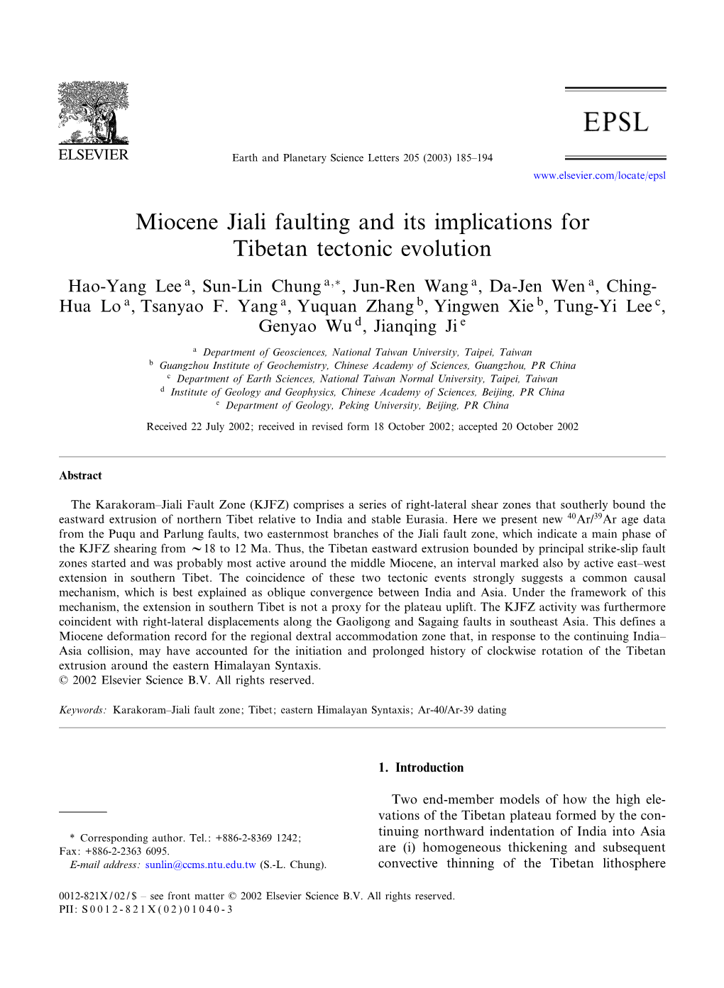 Miocene Jiali Faulting and Its Implications for Tibetan Tectonic Evolution