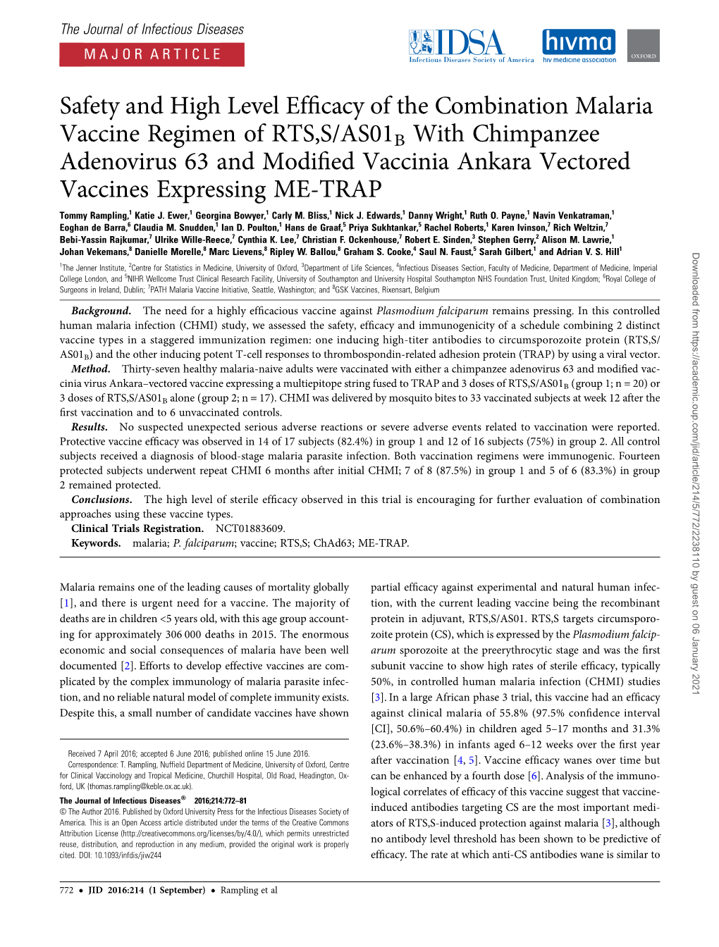 Safety and High Level Efficacy of the Combination Malaria Vaccine Regimen of RTS,S/AS01B with Chimpanzee Adenovirus 63 and Modif