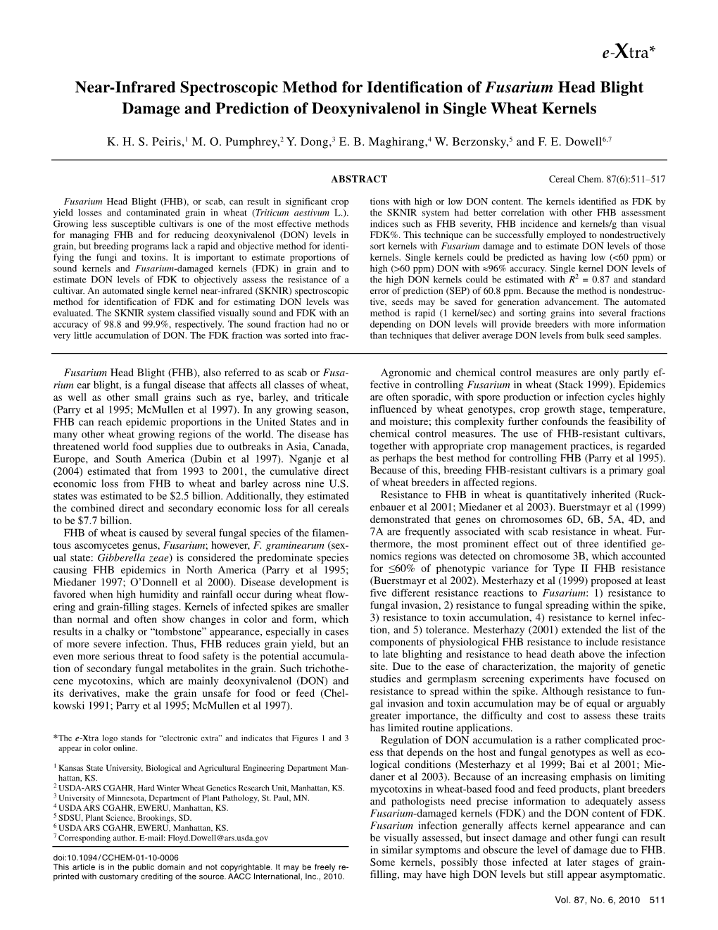 Near-Infrared Spectroscopic Method for Identification of Fusarium Head Blight Damage and Prediction of Deoxynivalenol in Single Wheat Kernels