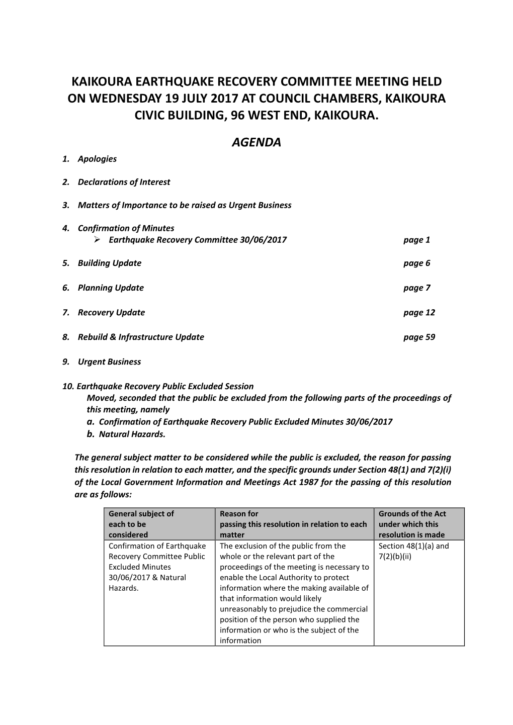 Kaikoura Earthquake Recovery Committee Meeting Held on Wednesday 19 July 2017 at Council Chambers, Kaikoura Civic Building, 96 West End, Kaikoura