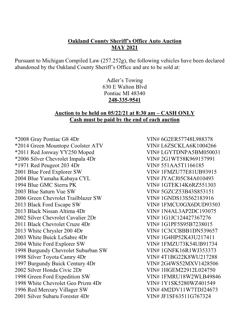 Oakland County Sheriff's Office Auto Auction MAY 2021 Pursuant To