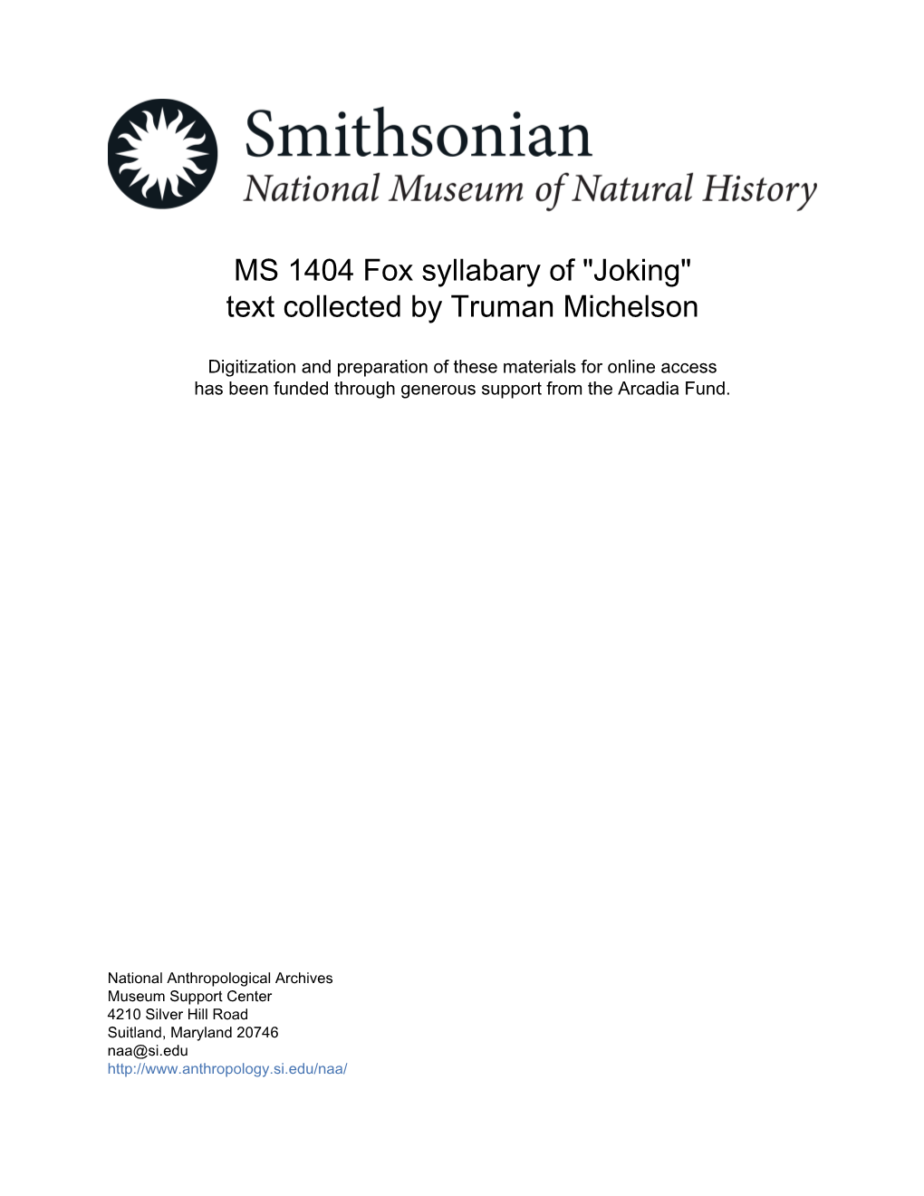 MS 1404 Fox Syllabary of "Joking" Text Collected by Truman Michelson