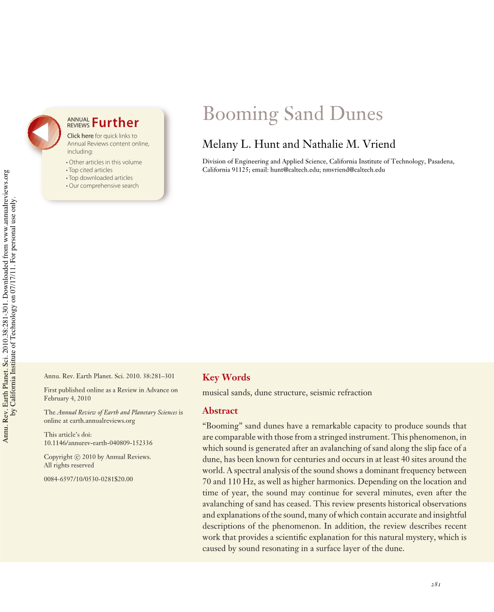 Booming Sand Dunes REVIEWS Further Click Here for Quick Links to Annual Reviews Content Online, Melany L