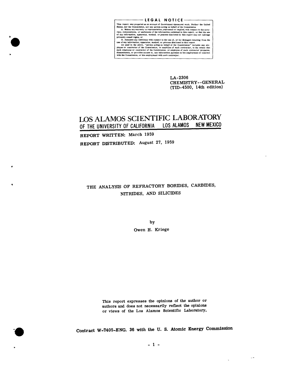 LOS ALAMOS SCIENTIFIC LABORATORY of the UNIVERSITY of CALIFORNIA LOS ALAMOS NEW MEXICO REPORT WRITTEN: March 1959 REPORT DISTRIBUTED: August 27, 1959