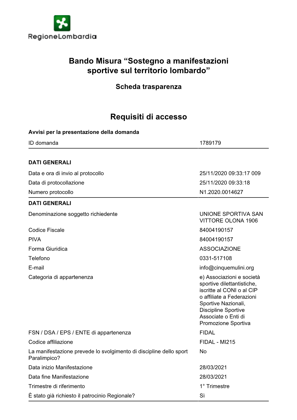 Bando Misura “Sostegno a Manifestazioni Sportive Sul Territorio Lombardo”