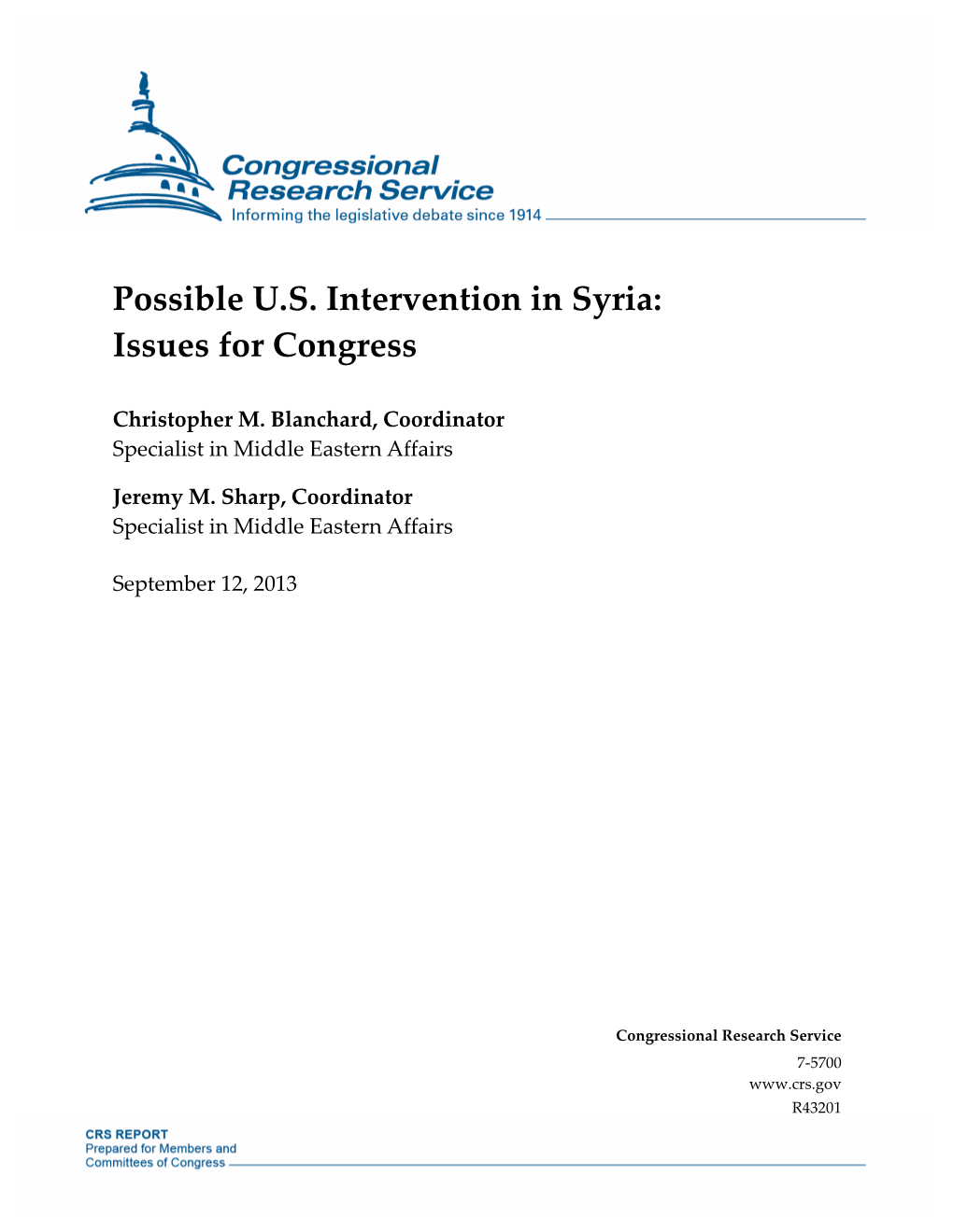 Possible U.S. Intervention in Syria: Issues for Congress