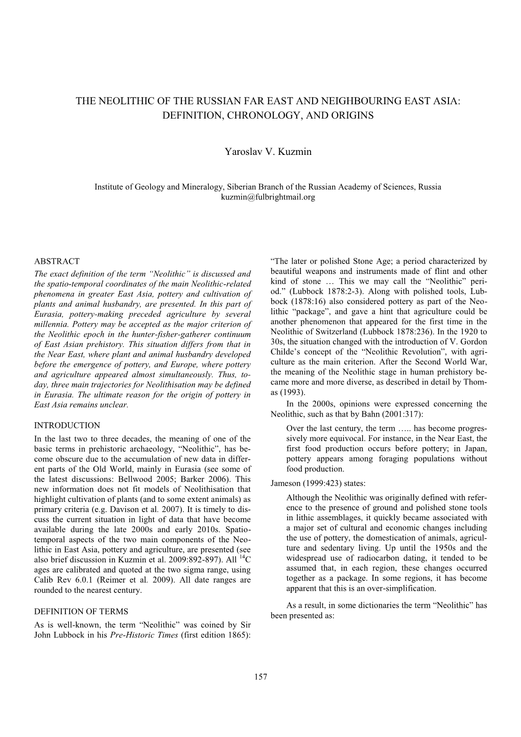 The Neolithic of the Russian Far East and Neighbouring East Asia: Definition, Chronology, and Origins