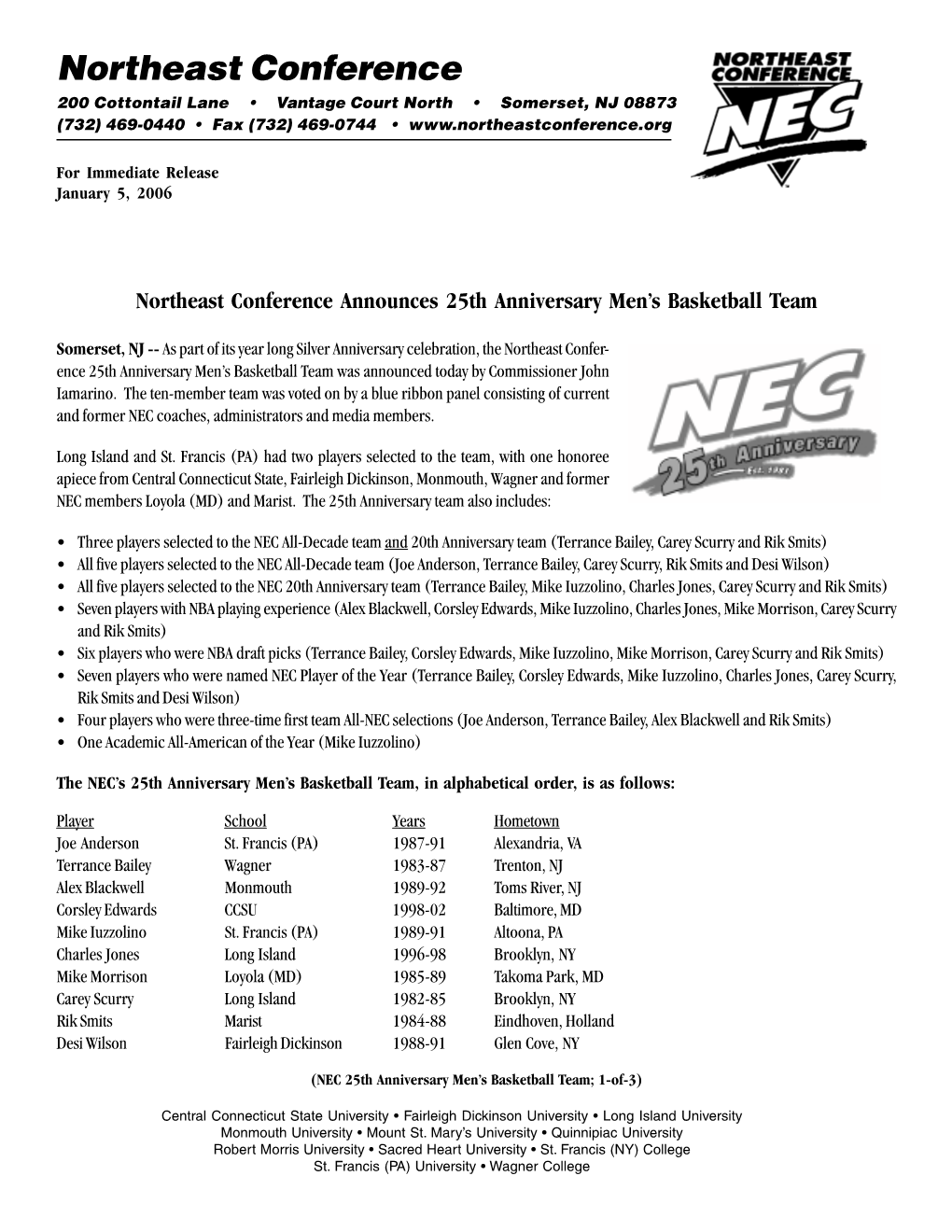 Northeast Conference Announces 25Th Anniversary Men's Basketball