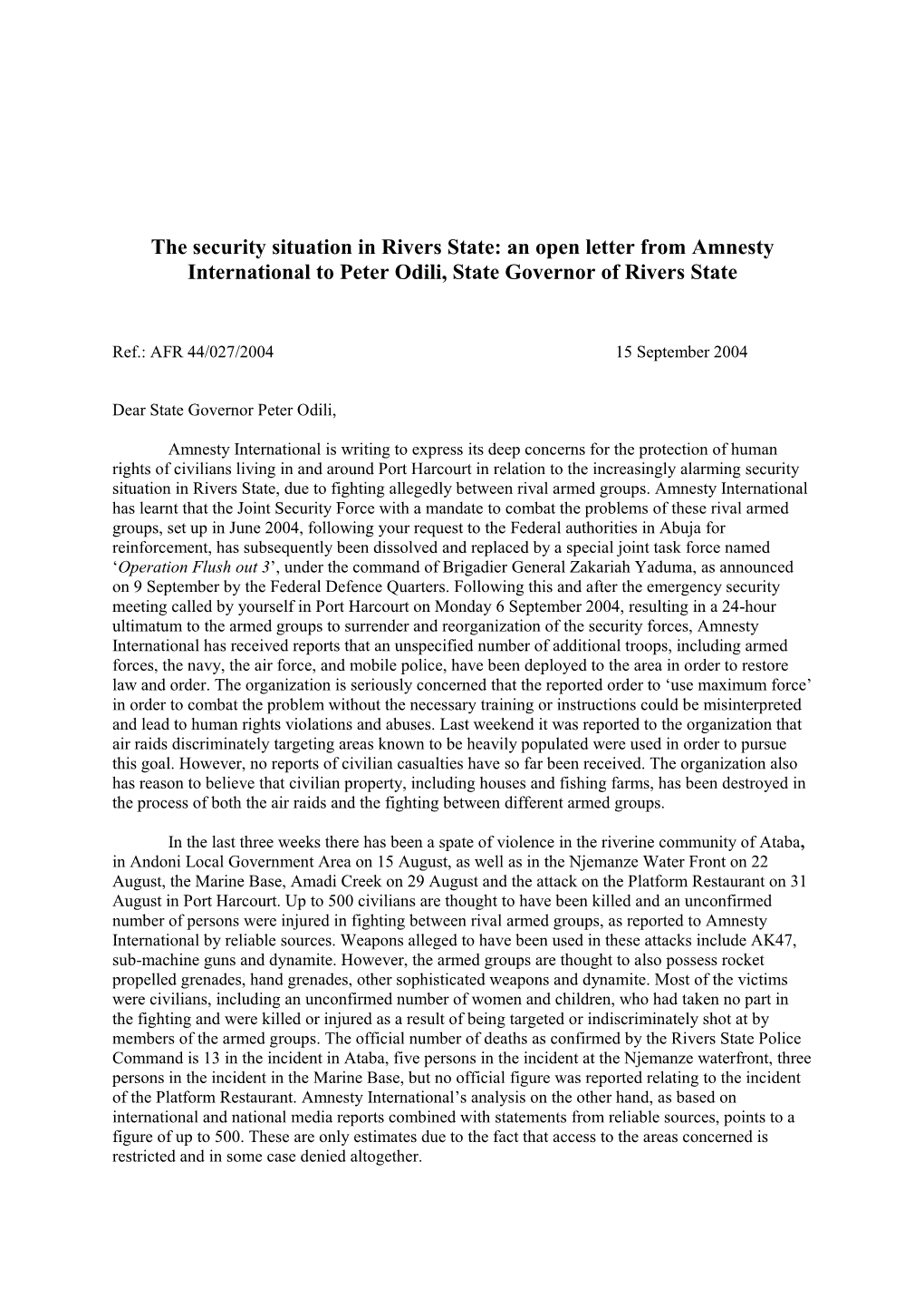 The Security Situation in Rivers State: an Open Letter from Amnesty International to Peter Odili, State Governor of Rivers State