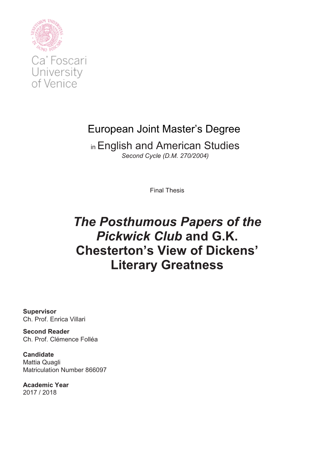 The Posthumous Papers of the Pickwick Club and G.K. Chesterton’S View of Dickens’ Literary Greatness