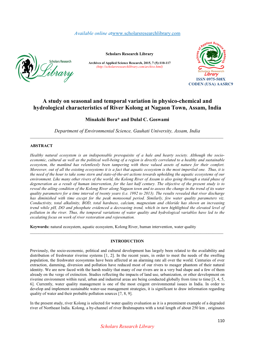 A Study on Seasonal and Temporal Variation in Physico-Chemical and Hydrological Characteristics of River Kolong at Nagaon Town, Assam, India
