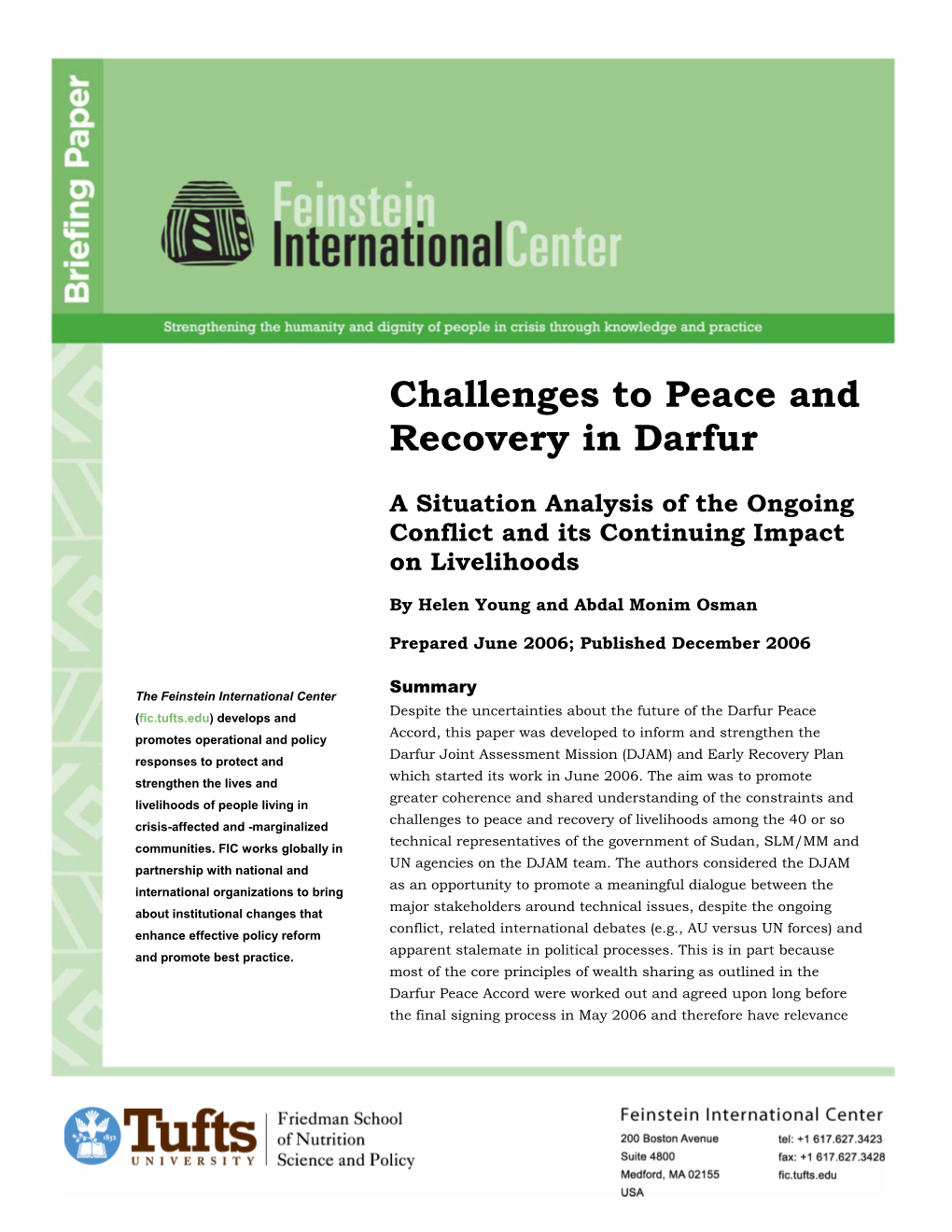Challenges to Peace and Recovery in Darfur