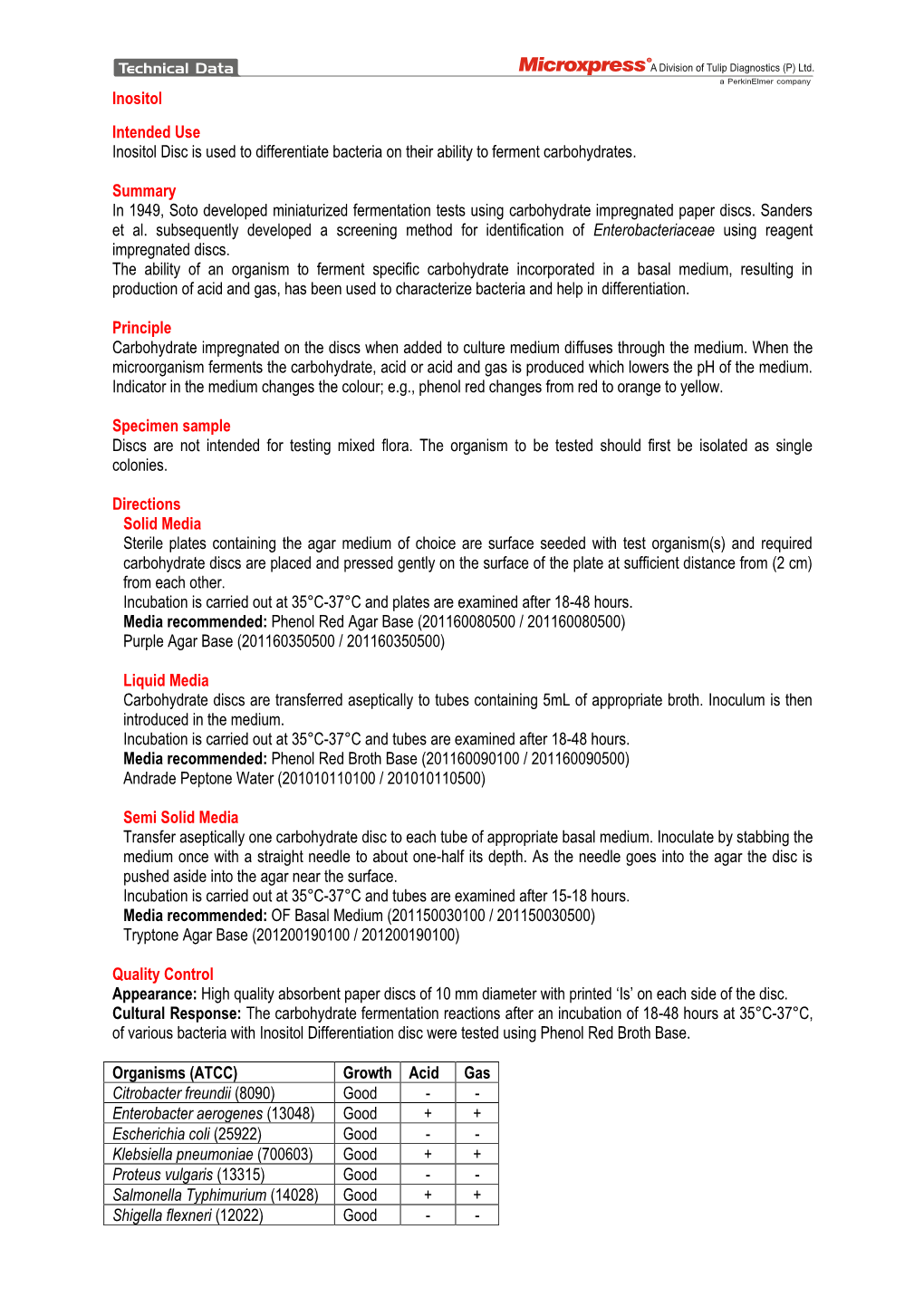 Inositol Intended Use Inositol Disc Is Used to Differentiate Bacteria on Their Ability to Ferment Carbohydrates