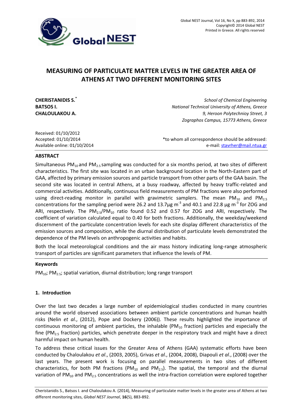 Measuring of Particulate Matter Levels in the Greater Area of Athens at Two Different Monitoring Sites