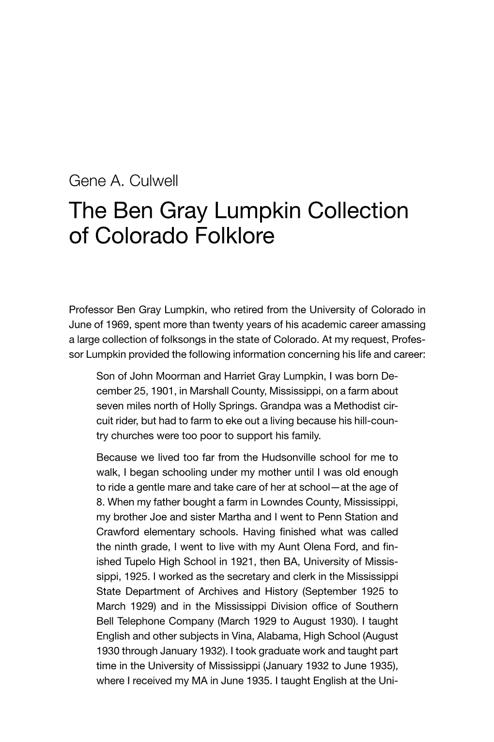 The Ben Gray Lumpkin Collection of Colorado Folklore