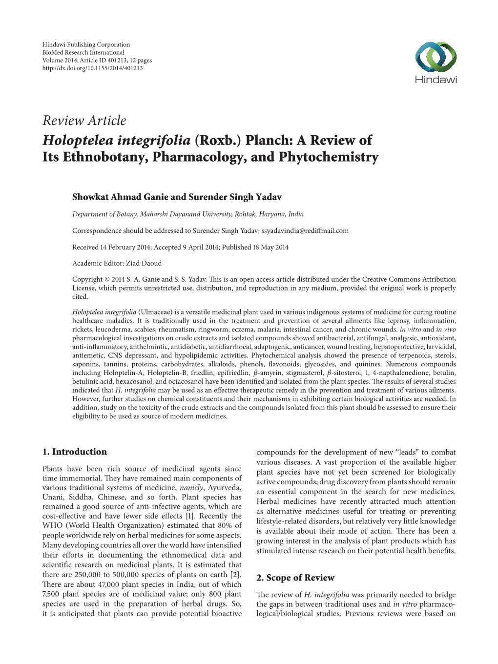 Holoptelea Integrifolia (Roxb.) Planch: a Review of Its Ethnobotany, Pharmacology, and Phytochemistry