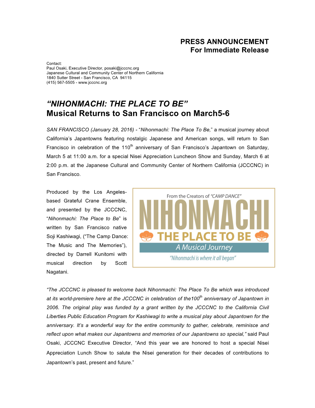 “NIHONMACHI: the PLACE to BE” Musical Returns to San Francisco on March5-6