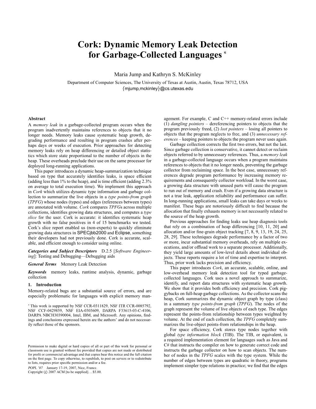 Cork: Dynamic Memory Leak Detection for Garbage-Collected Languages £