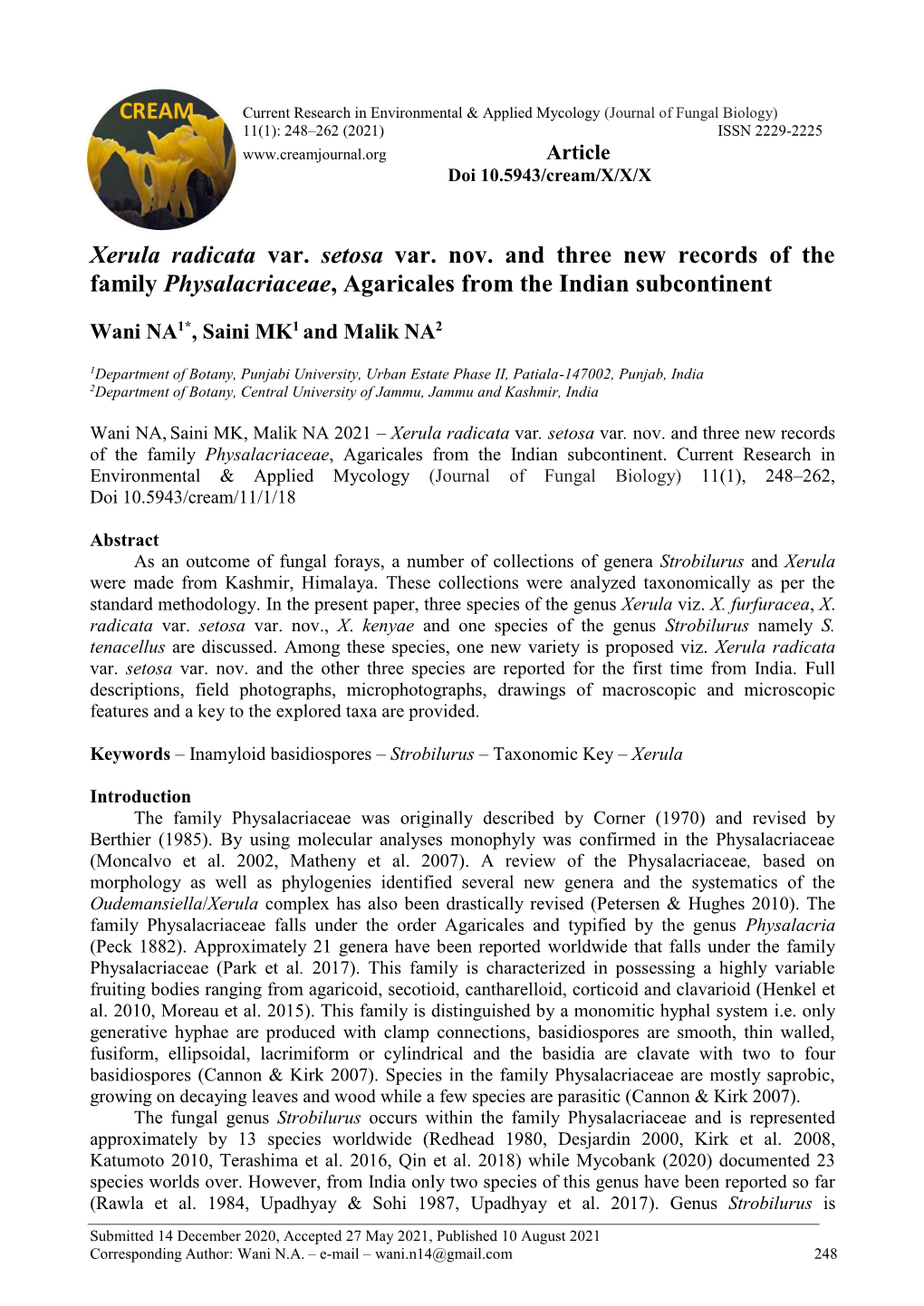 Xerula Radicata Var. Setosa Var. Nov. and Three New Records of the Family Physalacriaceae, Agaricales from the Indian Subcontinent