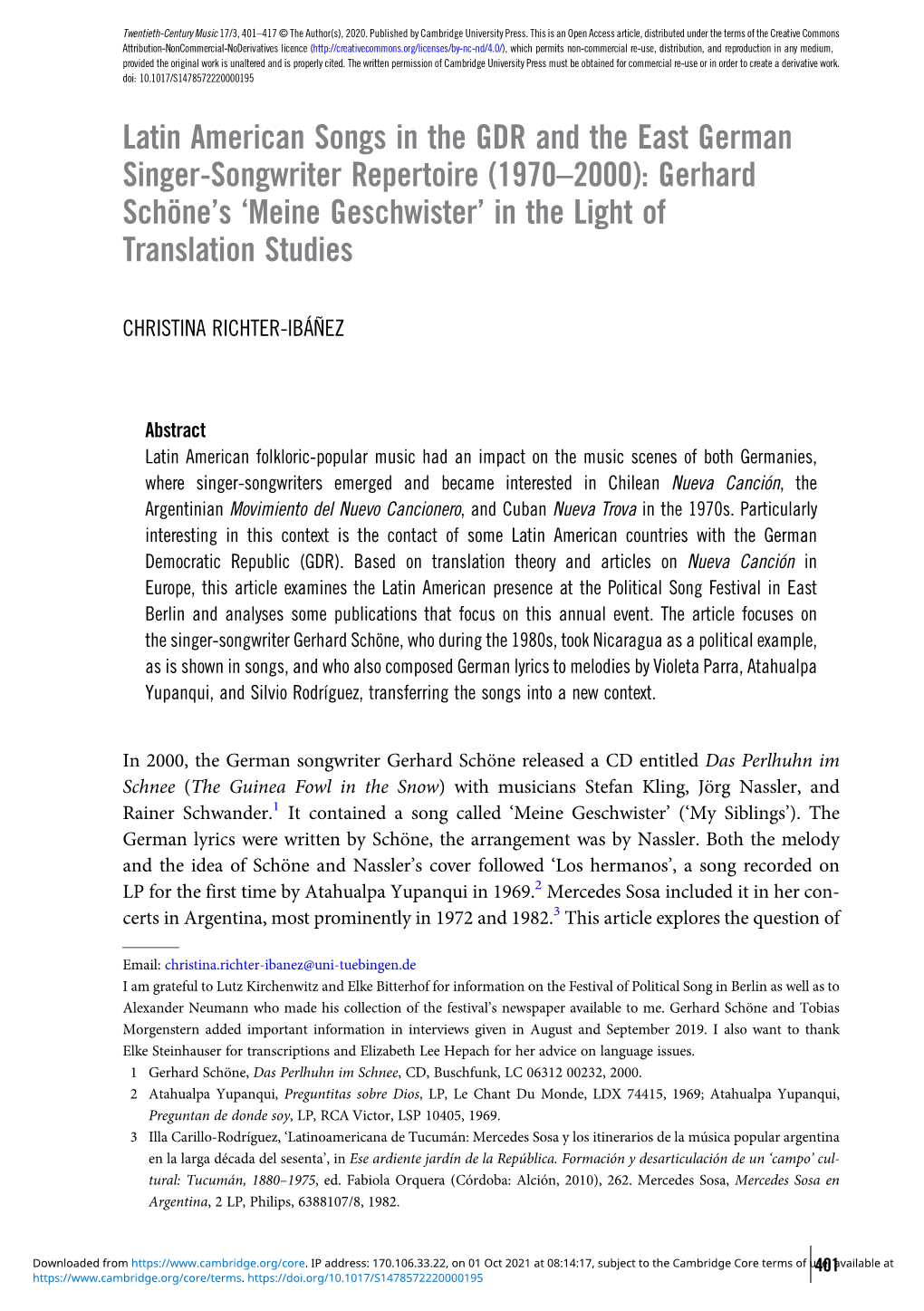 Latin American Songs in the GDR and the East German Singer-Songwriter Repertoire (1970–2000): Gerhard Schöne’S ‘Meine Geschwister’ in the Light of Translation Studies