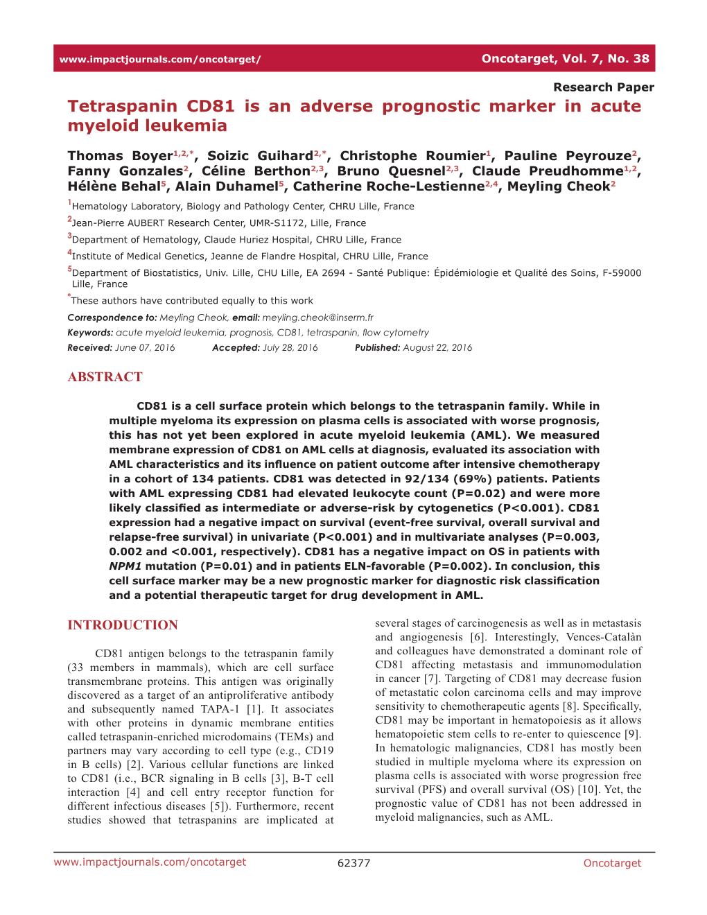 Tetraspanin CD81 Is an Adverse Prognostic Marker in Acute Myeloid Leukemia