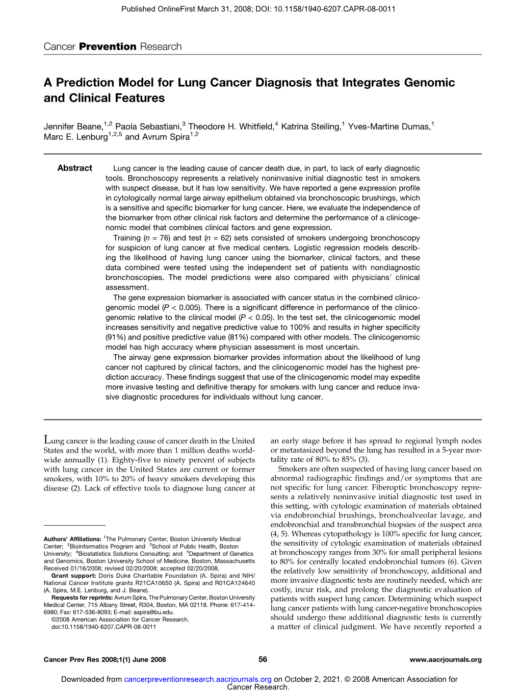 A Prediction Model for Lung Cancer Diagnosis That Integrates Genomic and Clinical Features