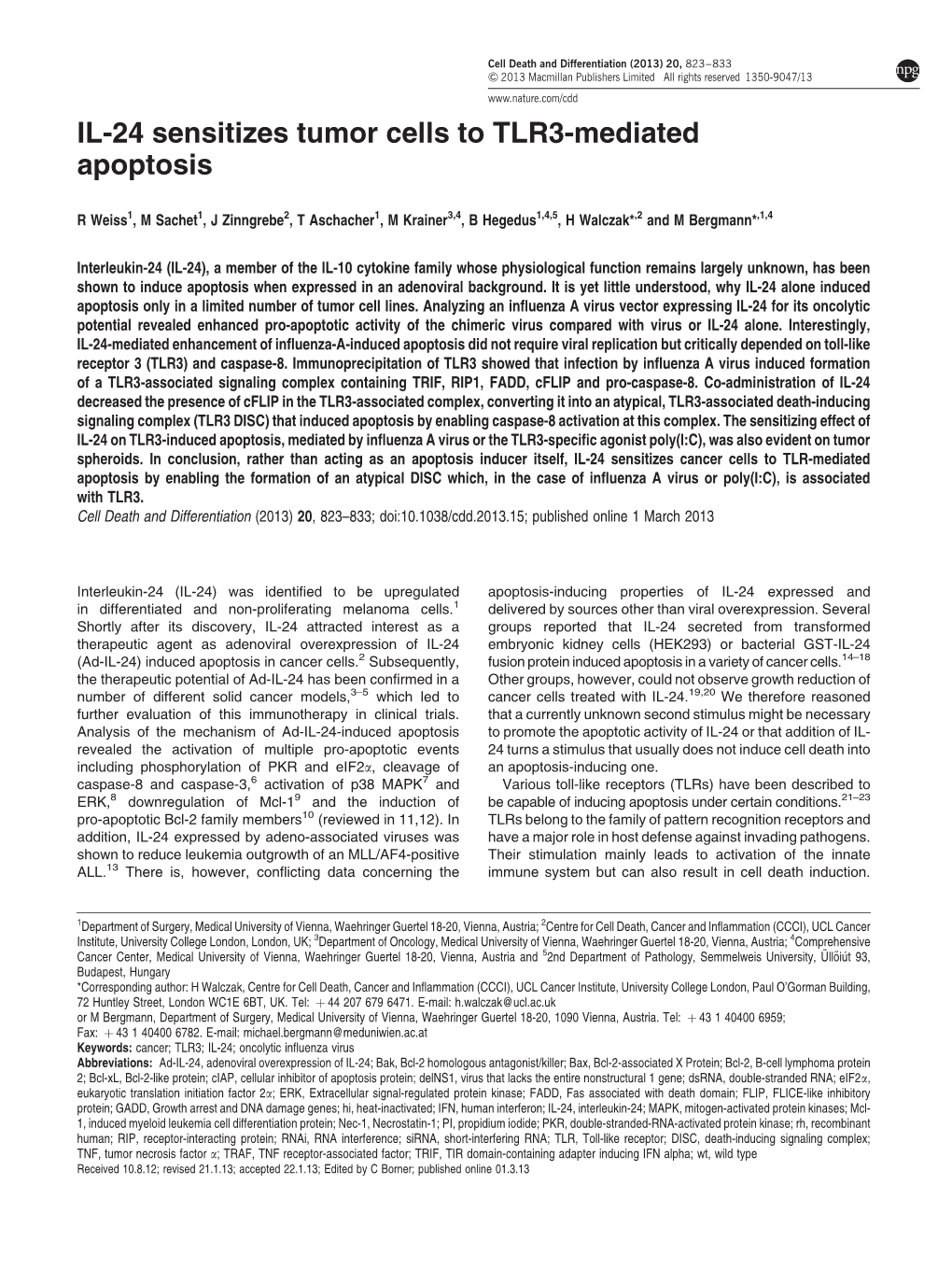 IL-24 Sensitizes Tumor Cells to TLR3-Mediated Apoptosis