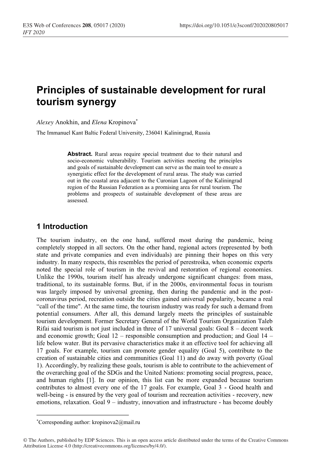 Principles of Sustainable Development for Rural Tourism Synergy
