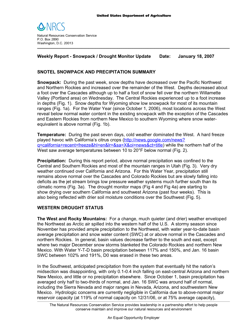 Weekly Report Drought Monitor / Snowpack Update s4