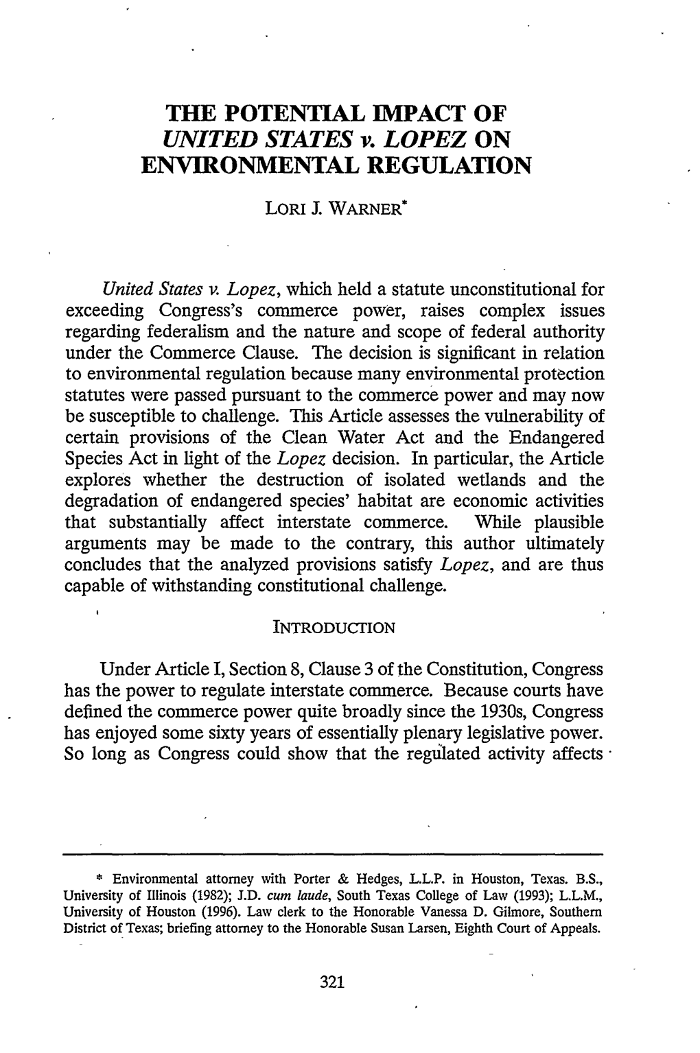 POTENTIAL IMPACT of UNITED STATES V. LOPEZ on ENVIRONMENTAL REGULATION