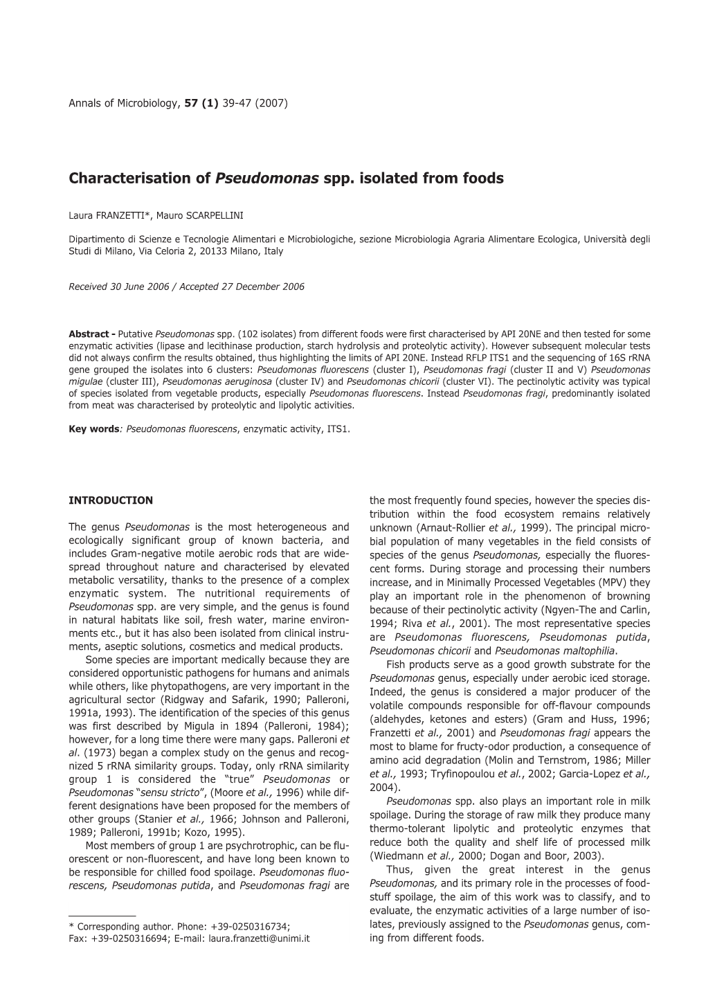 Characterisation of Pseudomonas Spp. Isolated from Foods