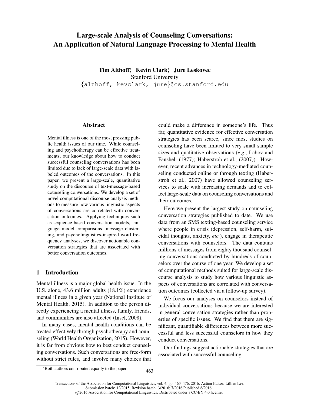 Large-Scale Analysis of Counseling Conversations: an Application of Natural Language Processing to Mental Health