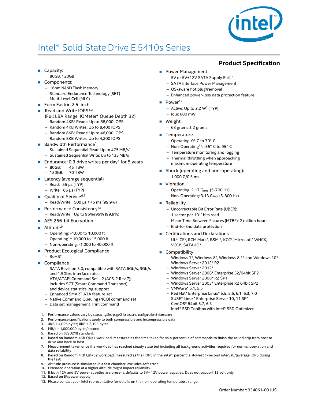 Intel® Solid State Drive E 5410S Series Advance Product Specification