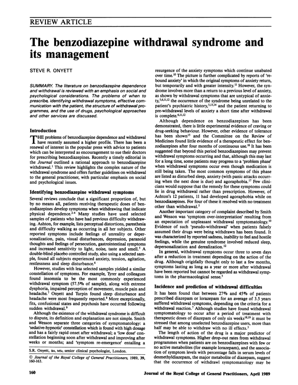 The Benzodiazepine Withdrawal Syndrome and Its Management